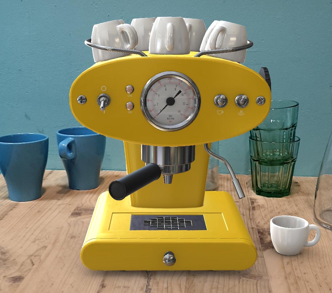 AR product yellow coffee machine on kitchen counter